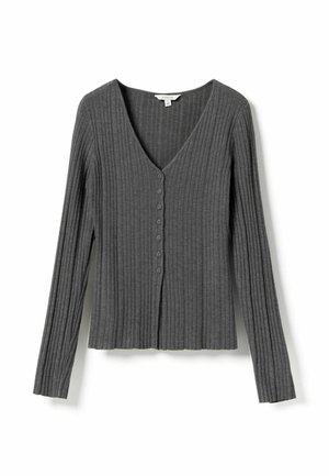 Cardigan tricotat cu mâneci lungi, gri închis, cu dungi, cu decolteu în V și șapte nasturi mici în față.