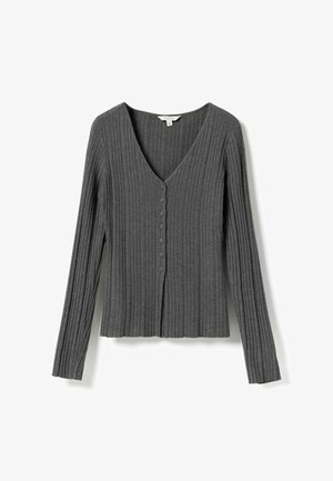 Cardigan tricotat cu mâneci lungi, gri închis, cu dungi, cu decolteu în V și șapte nasturi mici în față.