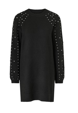 Sort strikket sweaterkjole med lange ærmer, rund halsudskæring og dekoreret med smykker i sølv langs ærmerne.