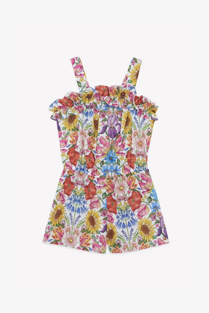 Macacão floral com decote franzido, alças ajustáveis e padrões vibrantes de girassóis, tulipas e margaridas sobre um fundo branco.