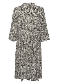 Šaty s krátkým rukávem a vysokým výstřihem, s tmavým pozadím a krémovým abstraktním vzorem, s nařaseným pasem. Rozšířená sukni.