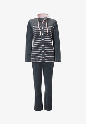 Dunkelblaue Pyjamahose mit geknöpftem Vorderteil, gestreiftem Design und Kapuze. Das Material ist weich mit einer glatten Textur; verfügt über pinkfarbene Kordeln und Akzente.