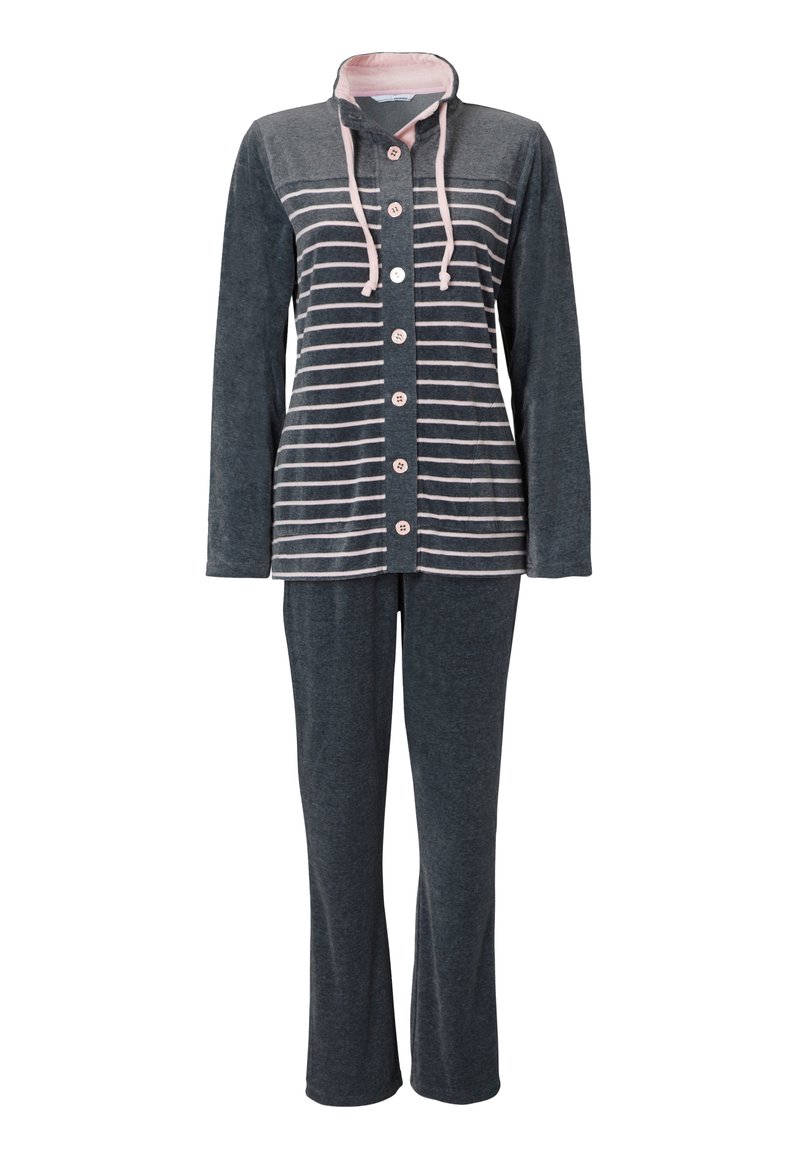 Mörkblå pyjamasset med knäppning framtill, randig design och huva. Materialet är mjukt med en slät yta; har rosa dragskon och detaljer.