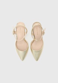 Gouden metallic slingback hakken met spitse neuzen. Voorzien van een enkelbandje met een decoratieve gesp. Glad textuur met een subtiele glans.