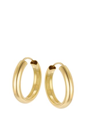 Pair of smooth, shiny gold hoop earrings with a rounded, tubular design and hinged clasp closures.