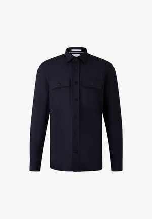 Navy blue long-sleeve shirt with a button-down collar, two chest pockets, and brown buttons. Smooth fabric with a structured fit.
