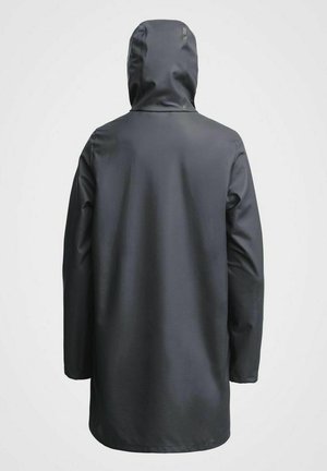Black waterproof raincoat featuring a hood, long sleeves, a straight cut, and smooth, shiny texture. Back view without visible fastenings.