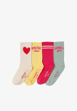 Vier bunte gerippte Socken in Creme, Gelb, Rosa und Hellblau mit strukturierten Sohlen und positiven Botschaften: Herz, "positive vibes", Streifen und "friendly girl".