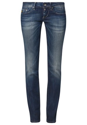 Jean slim bleu foncé avec légère décoloration sur les cuisses et les genoux, fermeture par bouton et glissière, et poches avant.