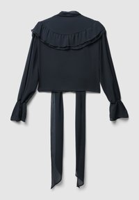 Marinebluse mit langen Ärmeln, Rüschenausschnitt, gebundenen Details am Rücken und fließender Stoffstruktur. Mit ausgestellten Manschetten.