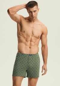 Zielone bawełniane bokserki z guzikiem z przodu, ozdobione drobnym nadrukiem ciemnych liści. Miękka tkanina i elastyczny pas.