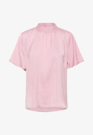 Rožinė trumpomis rankovėmis palaidinė su aukštu kaklu, turinti surinktą dizainą ir subtilią taškuotą tekstūrą. Apatinė dalis yra išlenkta, leidžianti palaidą prigludimą.