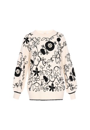Kremasti pulover s crnim cvjetnim vezom, balon rukavima i rebrastim manžetama. Složen uzorak s teksturiranim naglascima širom pulovera.
