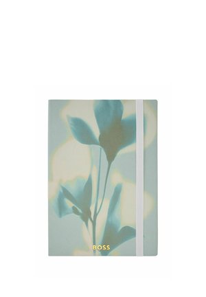Notebook with blue and green floral cover, white elastic band closure, and gold "BOSS" logo at the bottom center.