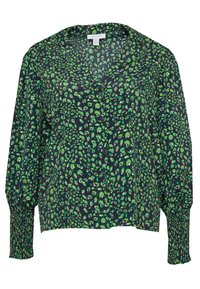 Green and navy blouse featuring a floral pattern, button front, long puffed sleeves, and smocked cuffs for texture and fit.