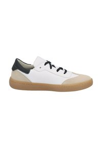 White low-top sneaker with beige suede toe, black heel, black laces, and light brown rubber sole viewed from the side.