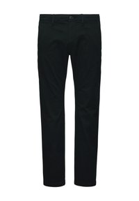 Czarne bawełniane spodnie o prostym kroju nogawki, z zapięciem na guzik i gładk�ą strukturą. Brak widocznych wzorów lub akcentów.