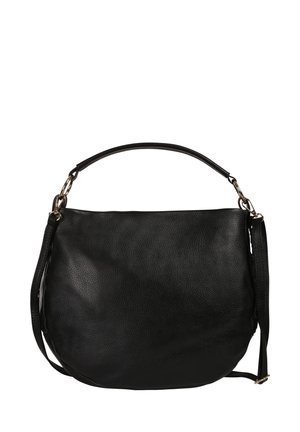 Black leather handbag with single top handle and adjustable shoulder strap, featuring gold-tone hardware and a rounded rectangular shape.