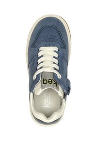 Blue suede sneaker with white laces, perforated design, and a padded collar. Features a grey mesh tongue and a soft white sole.