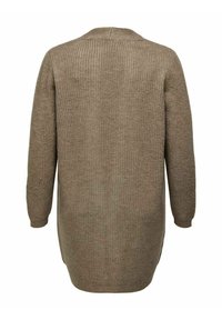 Ljust brunt stickat koft, med en texturerad yta, långa ärmar och en mittlång skärning med rund halsringning.
