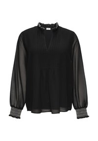 Schwarze durchsichtige Bluse mit einem Rüschenausschnitt, vertikalen Falten und langen Ärmeln mit gemusterten Manschetten. Glatte Textur mit eleganten Details.