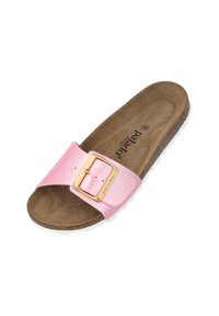 Infradito rosa con una fascia larga, caratterizzata da una fibbia dorata e una suola interna testurizzata; suola in gomma di contrasto per aderenza e durata.