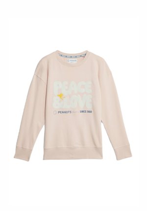 Ljusrosa sweatshirt med rund halsringning, med texten "PEACE & LOVE" och en Woodstock-grafik. Tillverkad av mjukt tyg, med ribbade ärmslut.