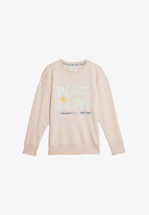 Sweatshirt rose clair avec un col rond, comportant le texte « PEACE & LOVE » et un graphique de Woodstock. Fabriqué en tissu doux, avec des poignets côtelés.