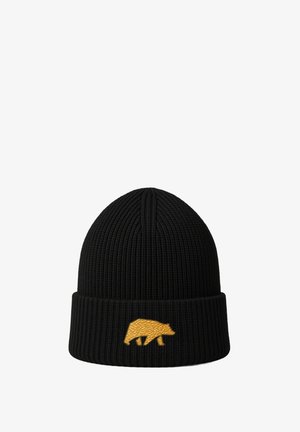 Zwarte gebreide muts met een geribbelde textuur en een opgerolde rand. Voorzien van een opvallend goudkleurig geborduurd berenmotief aan de voorkant.