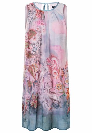 Mouwloze jurk met pastelkleurige bloemen- en vogelprint, met roze, blauwe en paarse tinten en een klein strikje met sleutelgatdetail bij de halslijn.