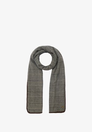 Sciarpa tessuta con un classico motivo a quadri in bianco e nero. Rifinita con un bordo marrone scuro e una trama sottile. Forma lunga e rettangolare.
