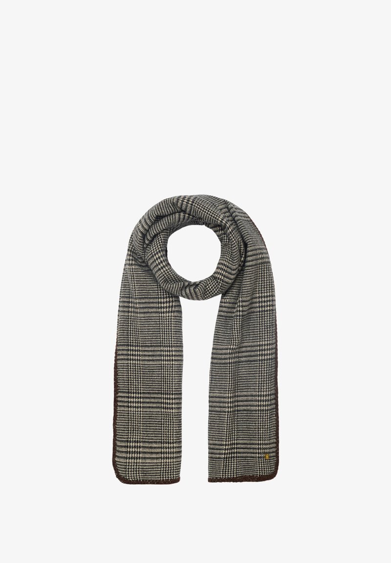 Bufanda tejida con un patrón clásico de cuadros en blanco y negro. Terminada con un borde de color marrón oscuro y una textura sutil. Forma larga y rectangular.