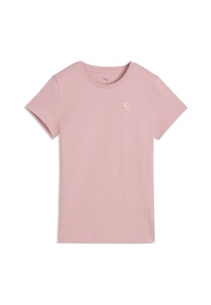 Jasnoróżowy t-shirt z krótkim rękawem i okrągłym dekoltem, z małym logo Puma na lewej piersi.