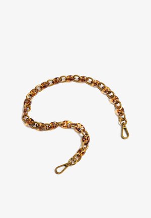 Chaîne avec un motif écaille de tortue composée de maillons en plastique, dotée de fermoirs en métal doré à chaque extrémité. Texture lisse avec une finition brillante.