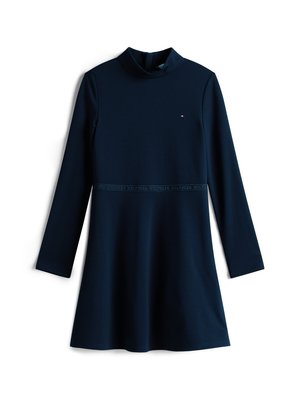Abito lungo di colore navy con maniche lunghe, colletto alto, gonna svasata e dettaglio logo in vita. Realizzato in tessuto morbido e liscio.