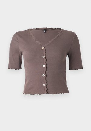 Brown ribbed short-sleeve top with a scalloped neckline and hem, featuring five small cream buttons down the front.