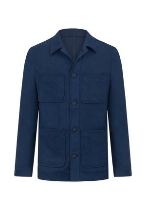 Giacca blu navy con bottoni, quattro tasche frontali, colletto e tessuto a trama. Presenta una pattina nascosta e un orlo diritto.