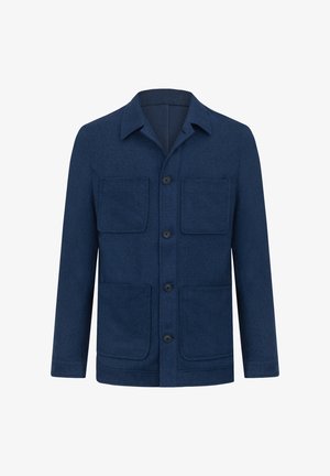 Giacca blu navy con bottoni, quattro tasche frontali, colletto e tessuto a trama. Presenta una pattina nascosta e un orlo diritto.