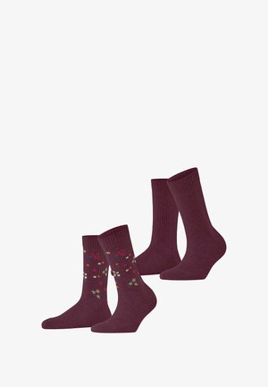 Chaussettes bordeaux, deux paires : une uni avec texture côtelée, l'autre à motifs floraux colorés. Longueur mi-mollet. Tissu doux.