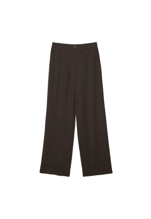 Pantalon large marron foncé à taille haute, fermeture par bouton et passants pour ceinture, présenté sur un fond blanc.
