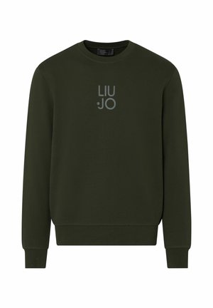 Sudadera verde oscuro de manga larga con cuello redondo y el logo "LIU JO" impreso en gris en el centro delantero.