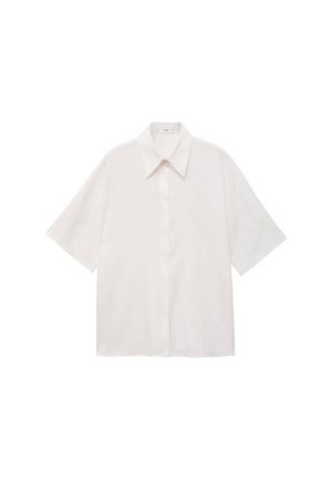 Short-sleeve, collared shirt in light beige, featuring a button front, smooth texture, and a relaxed fit for comfort.