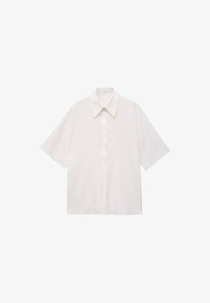 Košulja s kratkim rukavima i ovratnikom u svijetloj bež boji, s prednjim kopčanjem, glatkom teksturom i opuštenim krojem za udobnost.