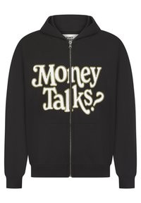Sweat à capuche noir zippé en coton, arborant le texte "Money Talks ?" en lettres jaunes épaisses sur le devant. Comprend des poches avant et des poignets côtelés.