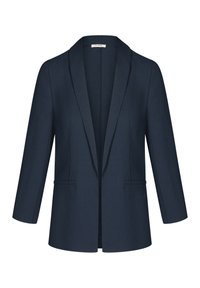 Marineblaues Blazer mit Reverskragen, zwei vorderen Taschen und einem weichen, strukturierten Stoff. Offenes Frontdesign, Dreiviertelärmel.