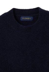 Navy blue wool sweater with a ribbed crew neckline and soft texture. Label displays "PIOMBO" in yellow on a blue background.