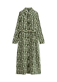 Groen jurkje met lange mouwen en een wit kettingpatroon, knoopsluiting aan de voorkant, kraag en bijpassende riem met ronde gespsluiting in de taille.