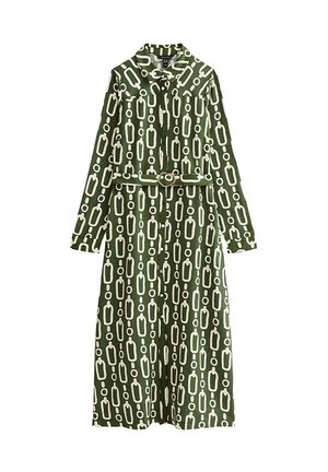 Groen jurkje met lange mouwen en een wit kettingpatroon, knoopsluiting aan de voorkant, kraag en bijpassende riem met ronde gespsluiting in de taille.