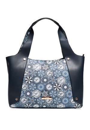 Borsa tote blu navy con manici larghi e pannello frontale decorato con motivi geometrici e loghi del marchio in blu, bianco e nero.