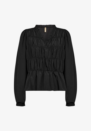 Schwarze Bluse mit langen Ärmeln, V-Ausschnitt und geraffter Textur. Verfügt über elastische Bündchen und einen Peplum-Saum für eine strukturierte Silhouette.